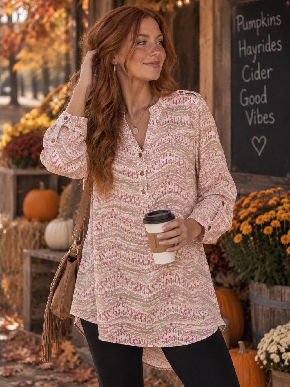 Light Pink Chevron Print Long-Sleeve Tunic Top